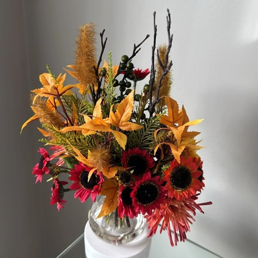 Harvest Moon Silk Flower Autumn Floral Arrangement in Glass Vase